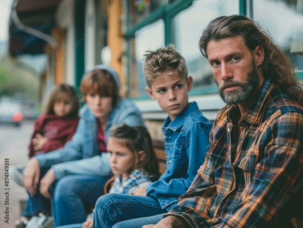 Family of Five Sitting Outside a Shop in a Town. Family of Five Sitting Outside a Shop in a Town.