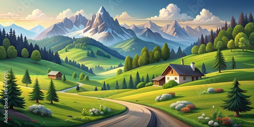 Scenic Mountain Road with Cottage - Digital Painting - Idyllic Nature Landscape