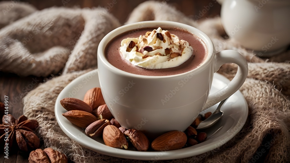Fototapeta premium there is a hot chocolate drink with whipped cream and nuts on the table, hot cocoa drink, with a cup of hot chocolate, cappuccino, hot coffee, cozy cafe background, high quality food Generative AI