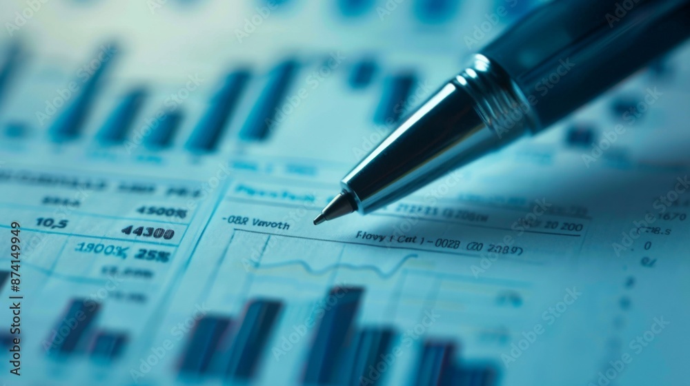 A close-up of a pen pointing at a financial graph on a printed report. A close-up of a pen pointing at a financial graph on a printed report.