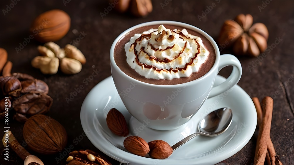 Fototapeta premium there is a hot chocolate drink with whipped cream and nuts on the table, hot cocoa drink, with a cup of hot chocolate, cappuccino, hot coffee, cozy cafe background, high quality food Generative AI