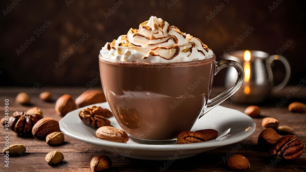 there is a hot chocolate drink with whipped cream and nuts on the table, hot cocoa drink, with a cup of hot chocolate, cappuccino, hot coffee, cozy cafe background, high quality food Generative AI there is a hot chocolate drink with whipped cream and nuts on the table, hot cocoa drink, with a cup of hot chocolate, cappuccino, hot coffee, cozy cafe background, high quality food Generative AI