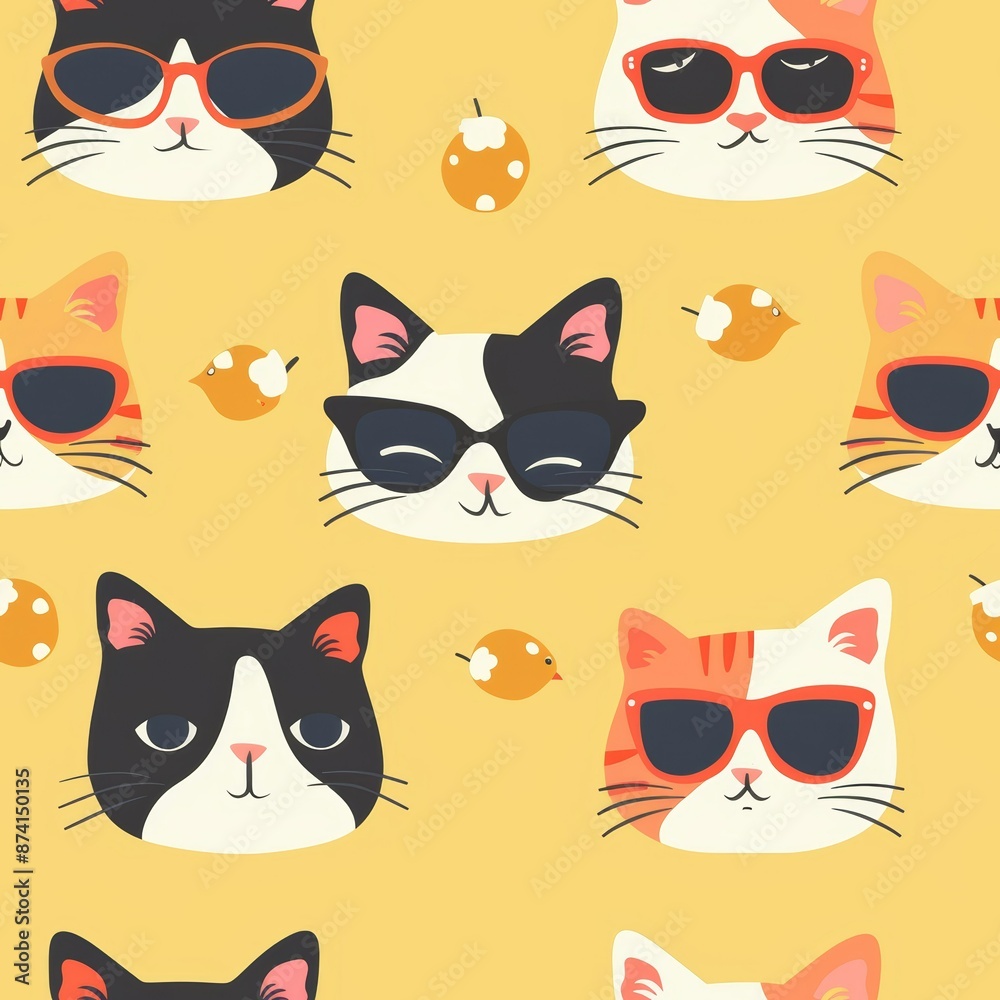 Seamless pattern of a funny cats with sunglasses. A cute wallpapers for childrens