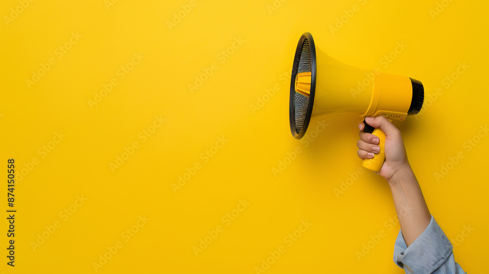 Panoramic image of a megaphone held in hand against a yellow background, symbolizing attention-grabbing announcements and concepts of communication. Panoramic image of a megaphone held in hand against a yellow background, symbolizing attention-grabbing announcements and concepts of communication.