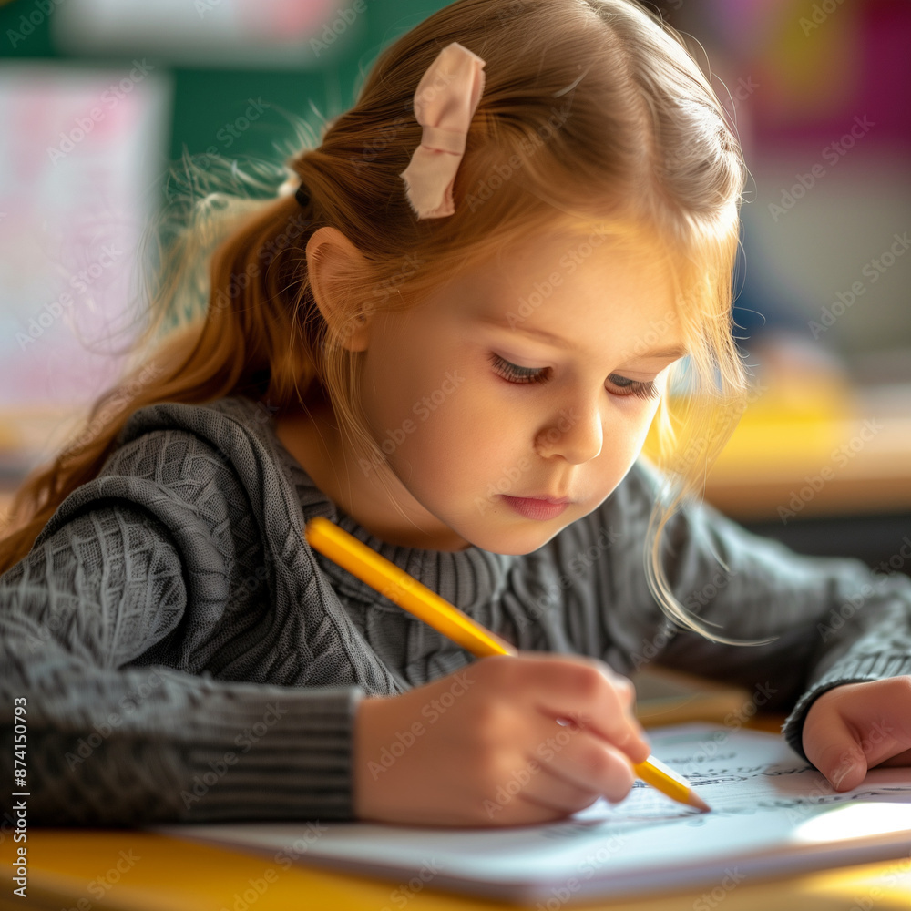 smiling little girl doodling with a pen and paper, drawing and writing on a white page in a school, colourful, coloring a page smiling little girl doodling with a pen and paper, drawing and writing on a white page in a school, colourful, coloring a page