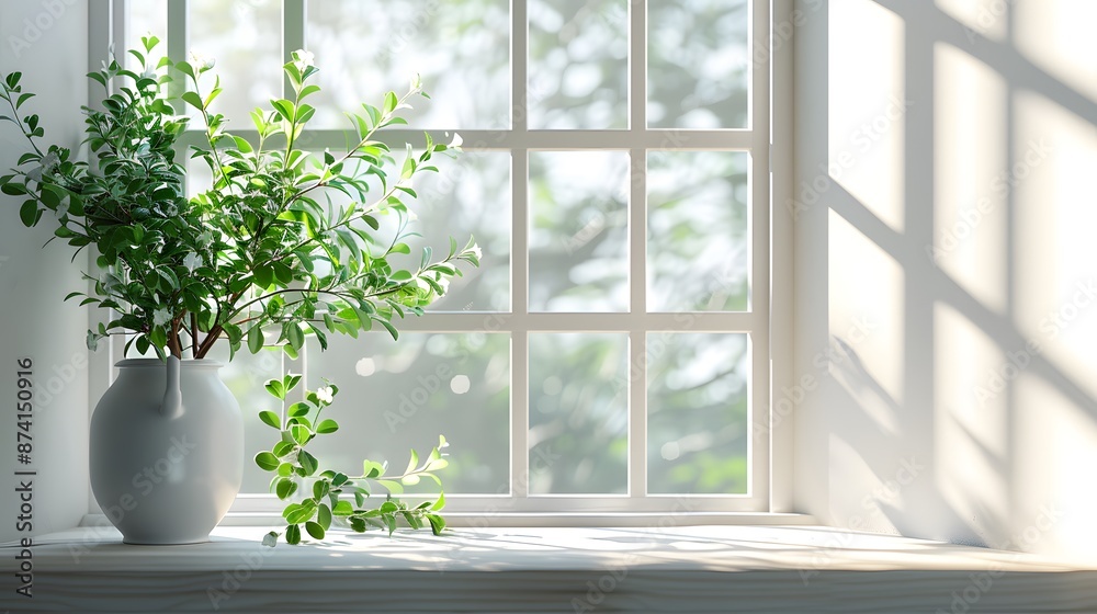 Sunlit Window with Green Plant in White Vase Sunlit Window with Green Plant in White Vase