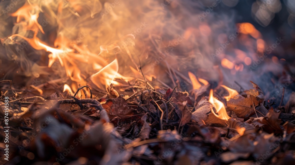 A close-up of flames engulfing dry leaves and twigs, creating intense smoke in a controlled burn. A close-up of flames engulfing dry leaves and twigs, creating intense smoke in a controlled burn.