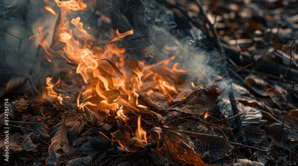A close-up of flames engulfing dry leaves and twigs, creating intense smoke in a controlled burn. A close-up of flames engulfing dry leaves and twigs, creating intense smoke in a controlled burn.