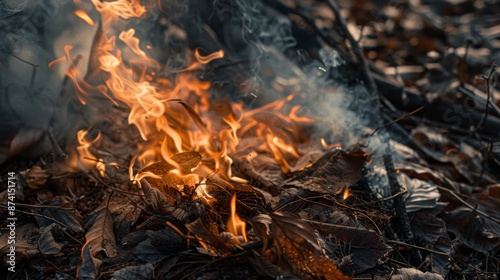A close-up of flames engulfing dry leaves and twigs, creating intense smoke in a controlled burn.