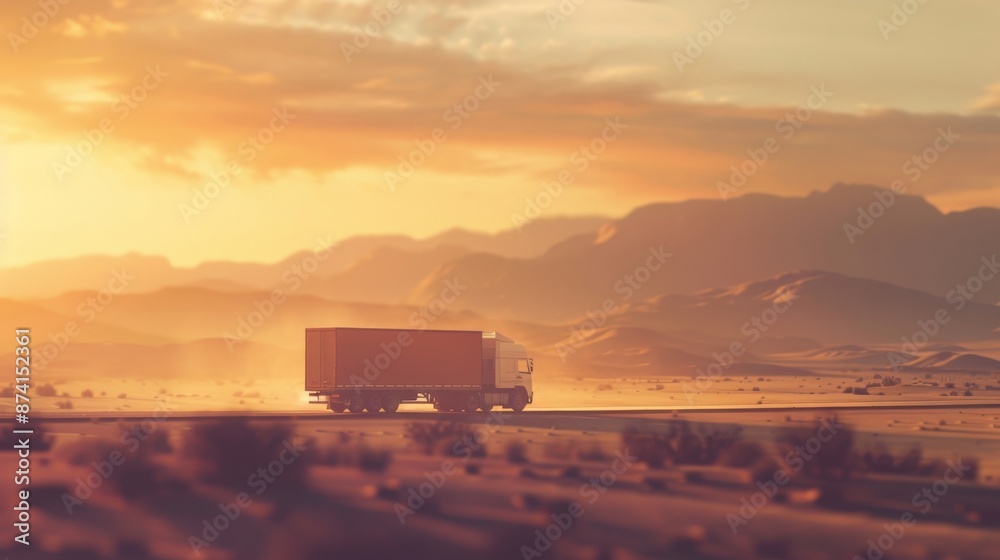 A semi-truck drives along a desert road as the sun sets in the distance A semi-truck drives along a desert road as the sun sets in the distance