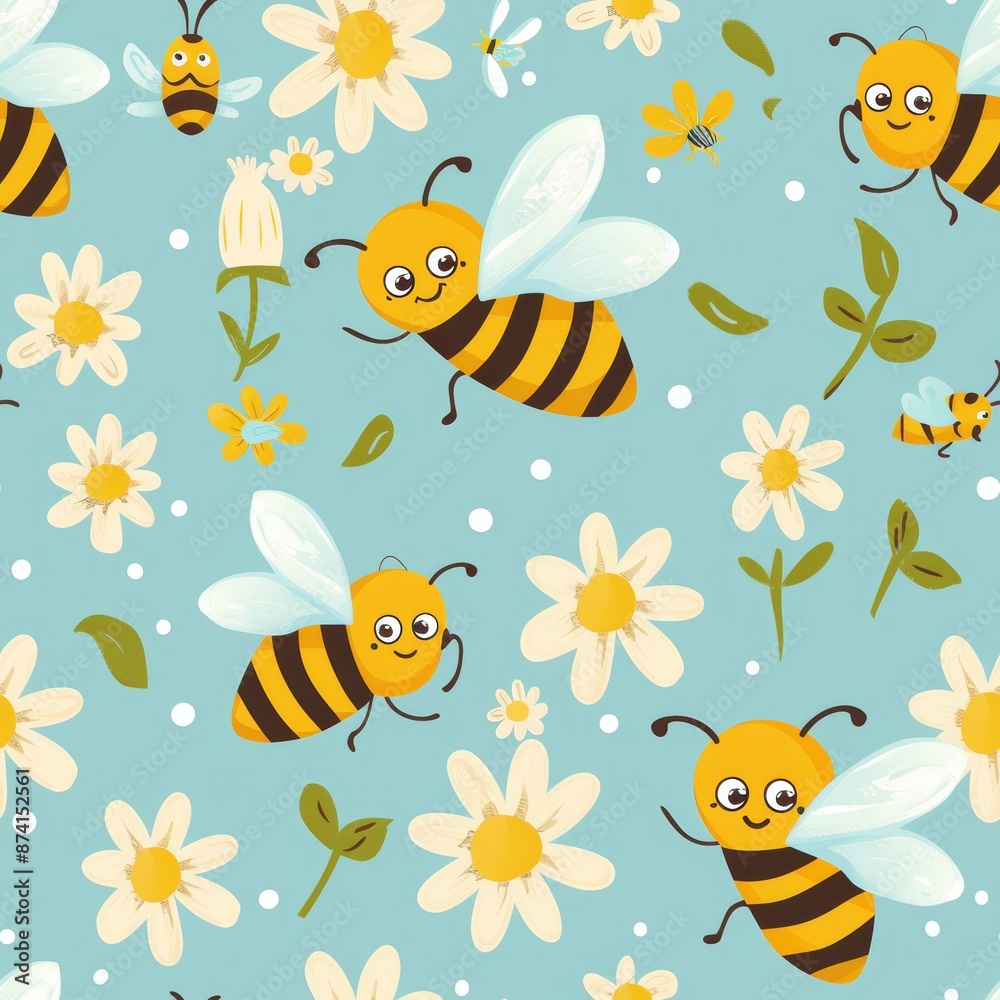 Seamless pattern of funny cute Bees and flowers. Print for wallpapers or textile