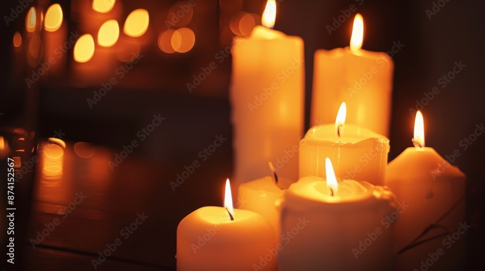 A close-up of lit candles in a dark room, creating a warm and cozy atmosphere.
