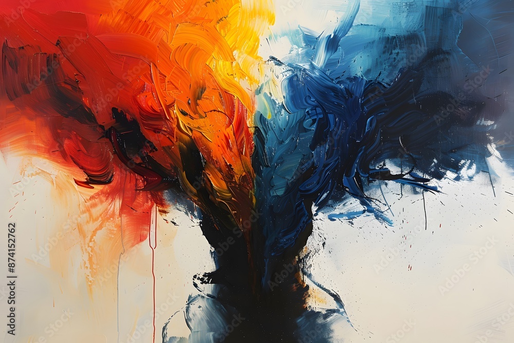 Abstract Painting with Vibrant Red, Orange, and Blue Hues