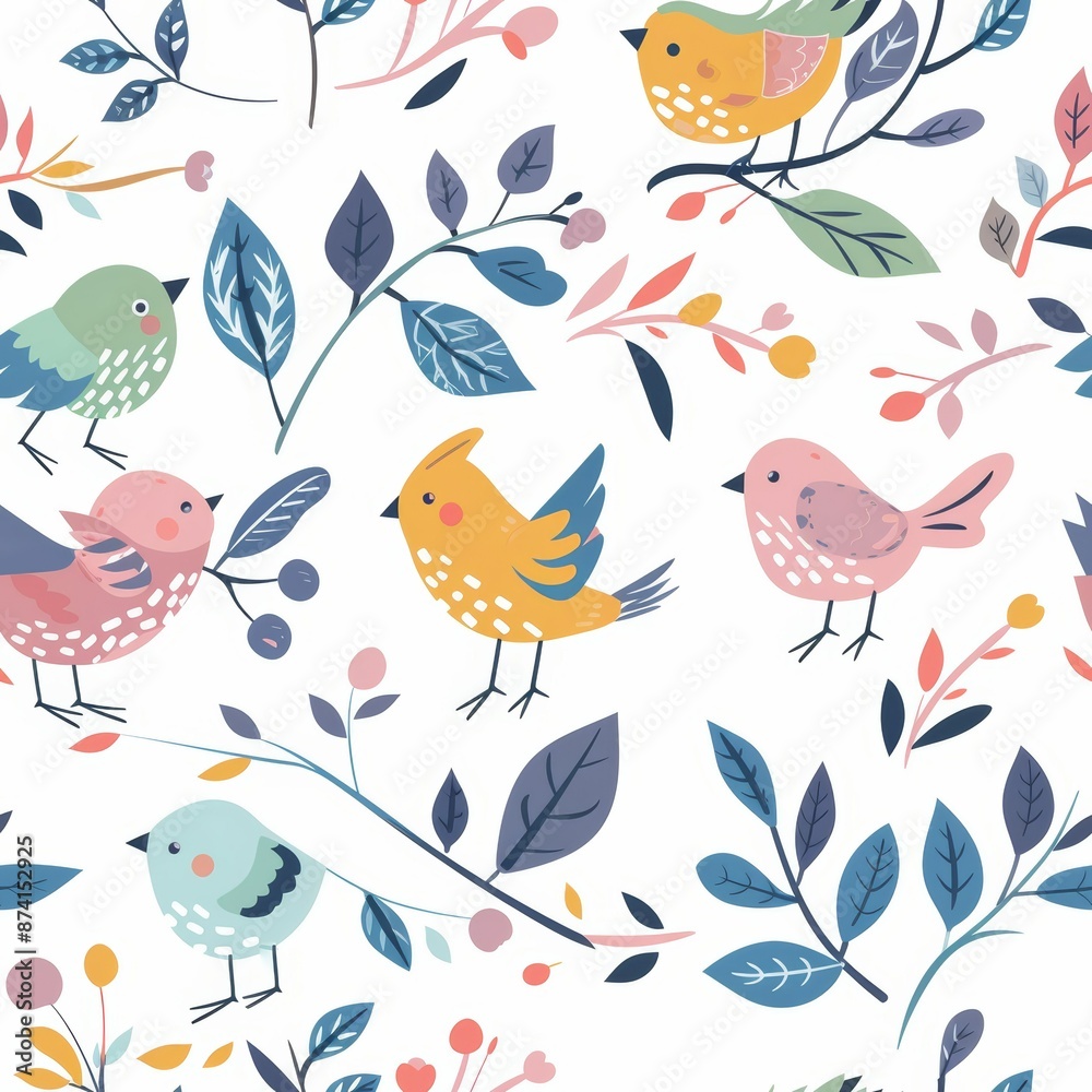 Seamless pattern a cute drawn birds, berries and flowers. Nice light wallpapers, white background