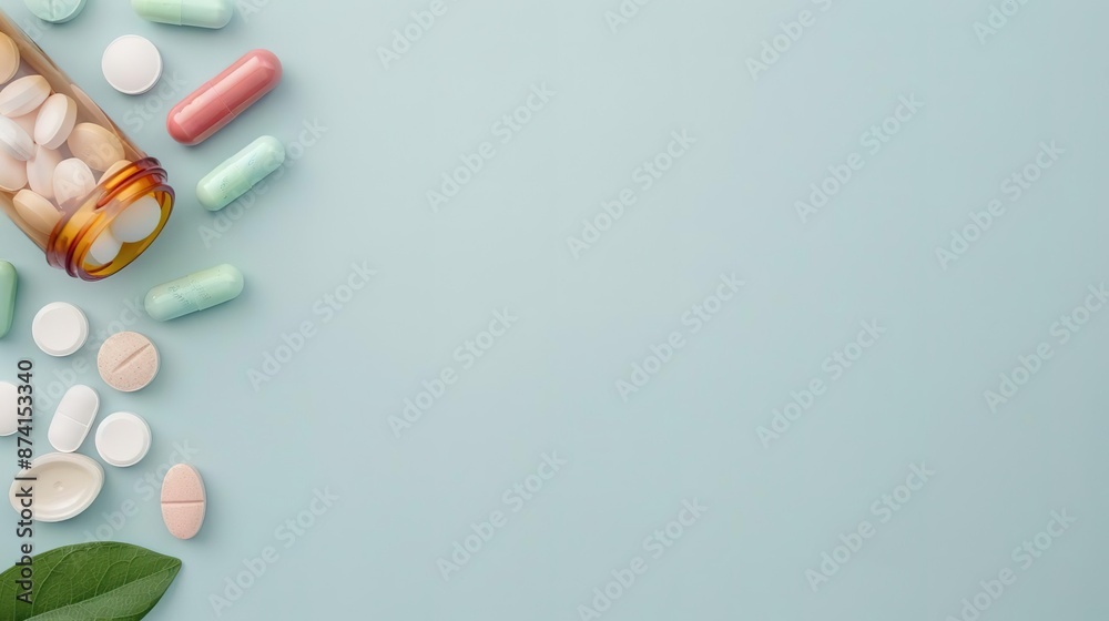 Top view, aerial shot of a daily dosage layout with different pills and tablets organized by day, focus on medication adherence and healthcare, with text copy space on the left, pr Top view, aerial shot of a daily dosage layout with different pills and tablets organized by day, focus on medication adherence and healthcare, with text copy space on the left, pr