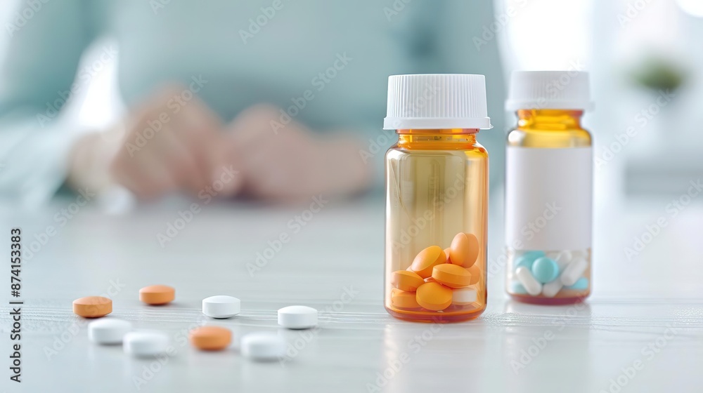Over-the-Shoulder Angle, a patient reading the caution instructions on a medication bottle, other pill bottles and tablets nearby, emphasis on healthcare and safety in medication u Over-the-Shoulder Angle, a patient reading the caution instructions on a medication bottle, other pill bottles and tablets nearby, emphasis on healthcare and safety in medication u