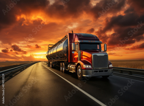 A semi-truck hauling a tanker trailer drives down a straight highway towards a colorful sunset. © Darcraft