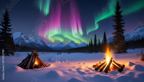 Campfire with aurora lights in snowy landscape background