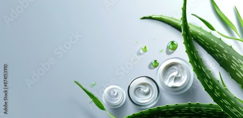A number of cosmetic creams and green aloe vera next to it were photographed on a white background