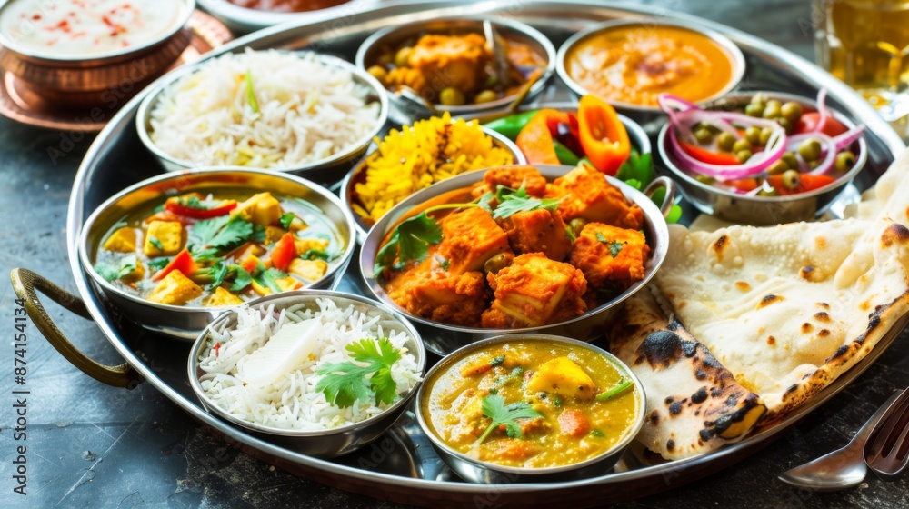 A colorful Indian thali with a variety of curries, rice, bread, and chutneys served on a metal platter. A colorful Indian thali with a variety of curries, rice, bread, and chutneys served on a metal platter.