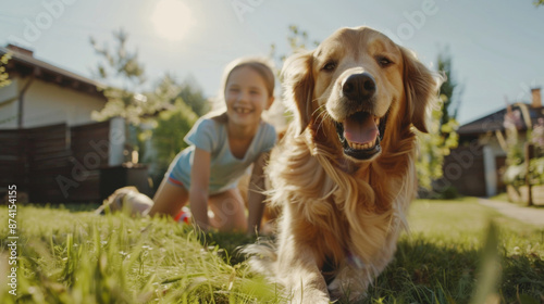 Kids playing with happy golden retriever dog on the backyard lawn  © ArtBox
