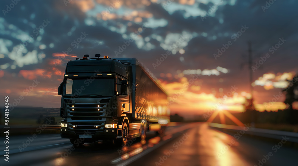 A semi-truck hauling a tanker trailer drives down a straight highway towards a colorful sunset. A semi-truck hauling a tanker trailer drives down a straight highway towards a colorful sunset.