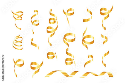 Gold confetti. Serpentine spiral ribbons. Golden luxury party decor.