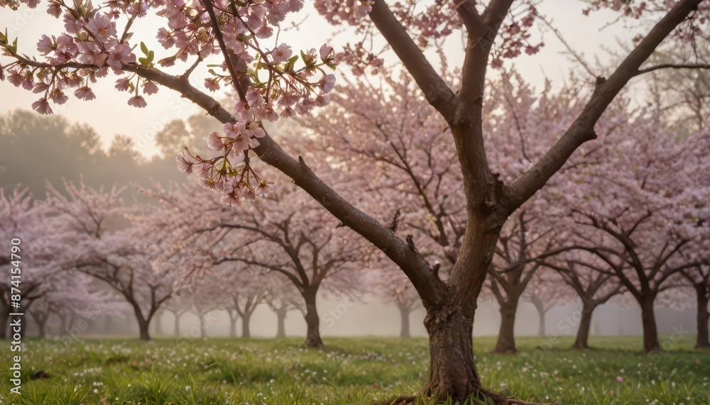 Pink Cherry Blossoms in a Foggy Meadow. Pink Cherry Blossoms in a Foggy Meadow.