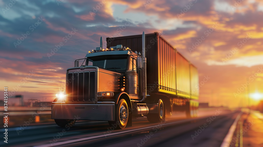 A semi-truck hauling a tanker trailer drives down a straight highway towards a colorful sunset.