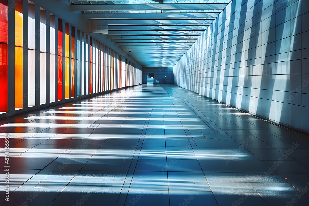 Fototapeta premium Modern Corridor with Colorful Glass Panels and Sunlight Patterns