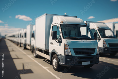 A row of blue vans of various sizes and colors drive down a scenic road.