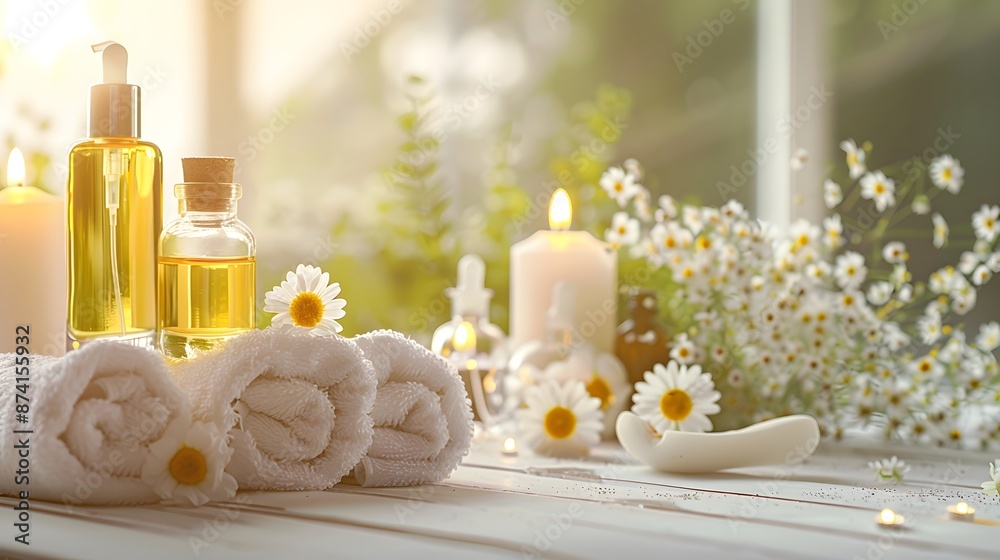 Spa setting with towels, candles and essential oil bottles on the table. The focus is on two small glass vases Spa setting with towels, candles and essential oil bottles on the table. The focus is on two small glass vases