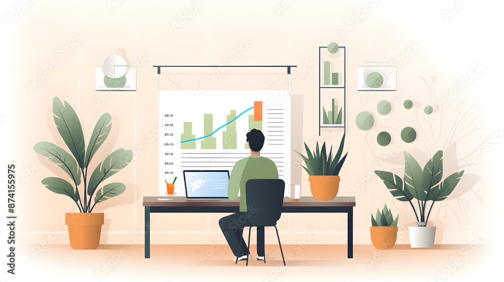 Fototapeta premium A person working on a laptop at a desk with plants, viewing a chart on the wall in a minimalist home office.