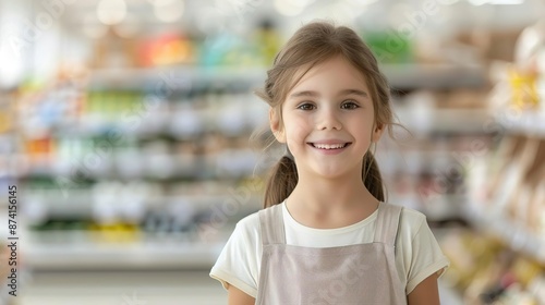 Profile Angle, a cashier ringing up groceries for children in a supermarket, illustrating efficiency and service in retail, with copy space on the left for educational notes on cas