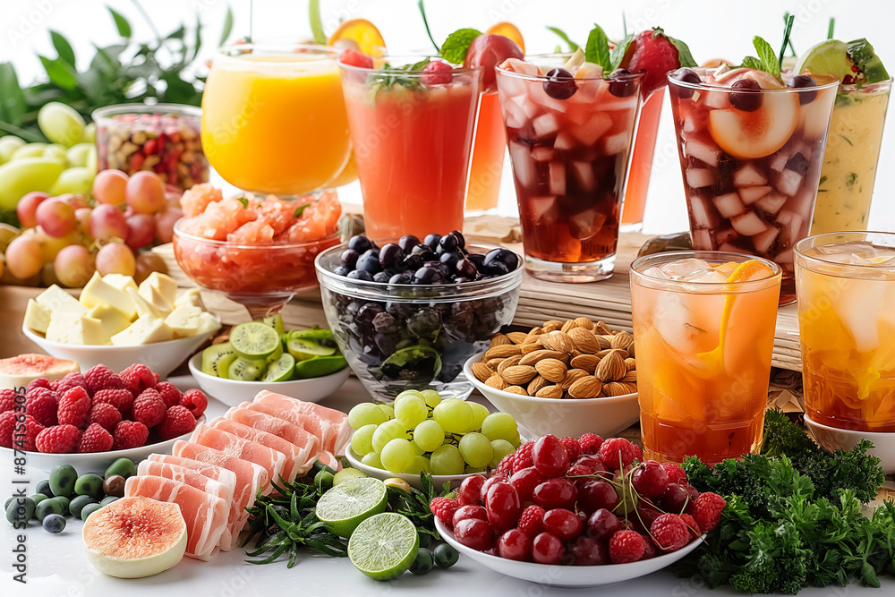 Assorted fresh fruits, nuts, and beverages on a table Assorted fresh fruits, nuts, and beverages on a table