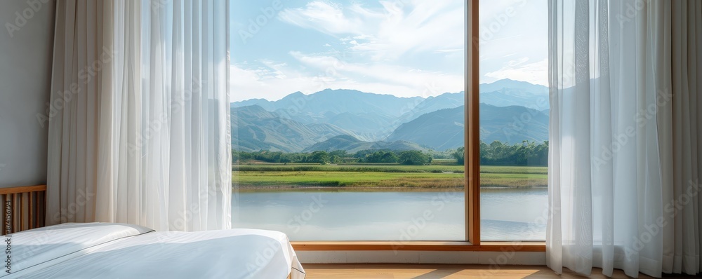 Harmony of Nature: Serene Mountain and River View Through Golden Ratio Window on a Peaceful Spring Morning