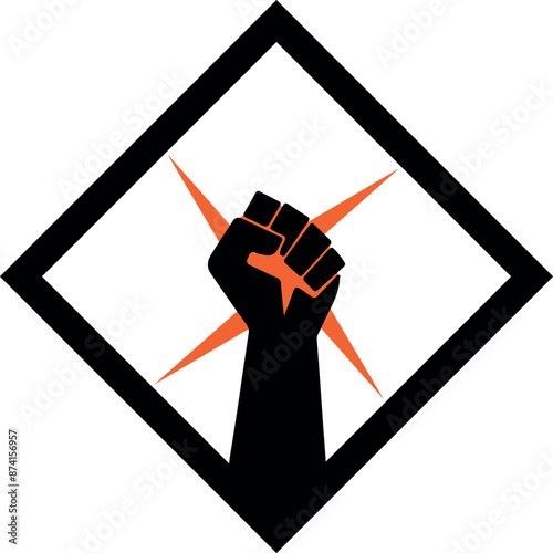 Orange energy spark in the hand clenched into a fist minimalist style logo design. Concept of energy and power industries. Vector illustration on transparent background.