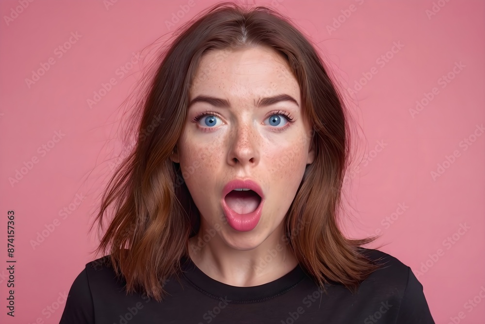 Beautiful surprised or shocked woman with brown hair and blue eyes, lips wearing a black t-shirt on a pink background, studio shot Beautiful surprised or shocked woman with brown hair and blue eyes, lips wearing a black t-shirt on a pink background, studio shot