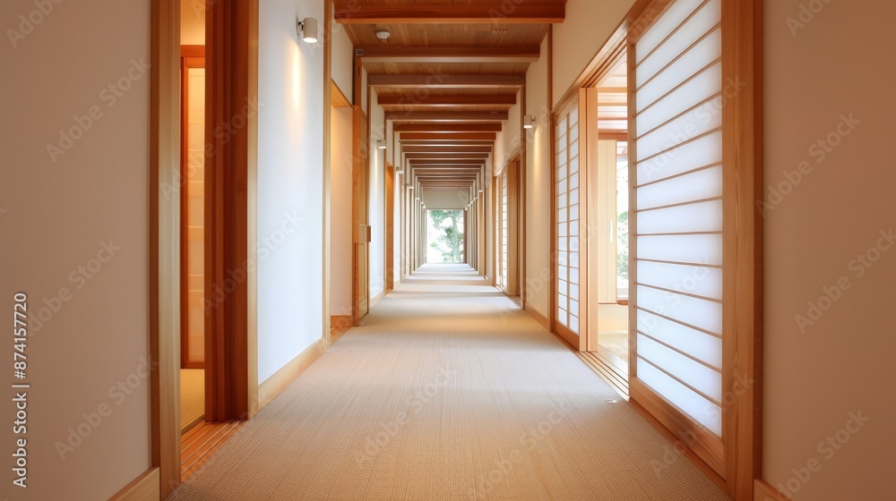 Fototapeta premium Tranquil Japanese Ryokan Hallway with Traditional Architecture and Serene Atmosphere