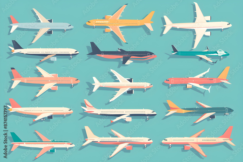 Diverse Collection of Airplane Icons in Flat Design for Multiple Applications
