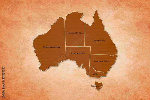 Australia Map. Australia Map with federal states in A vintage Color Texture Background