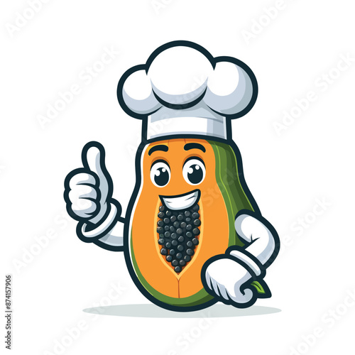 Cute papaya cartoon mascot wearing chef costume