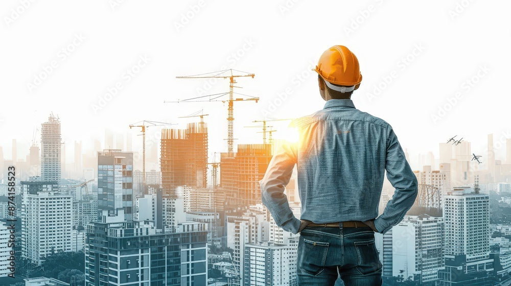Construction engineer in a hard hat observing a cityscape with high-rise buildings and cranes during sunset, symbolizing urban development and progress. Construction engineer in a hard hat observing a cityscape with high-rise buildings and cranes during sunset, symbolizing urban development and progress.