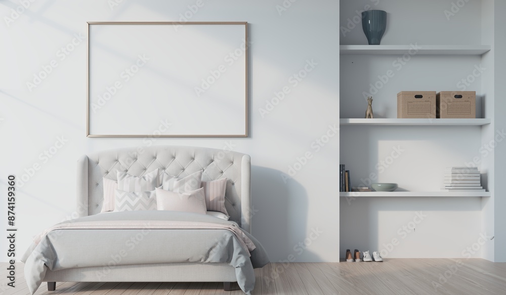 white bedroom with stylish bed and blank poster frame white bedroom with stylish bed and blank poster frame