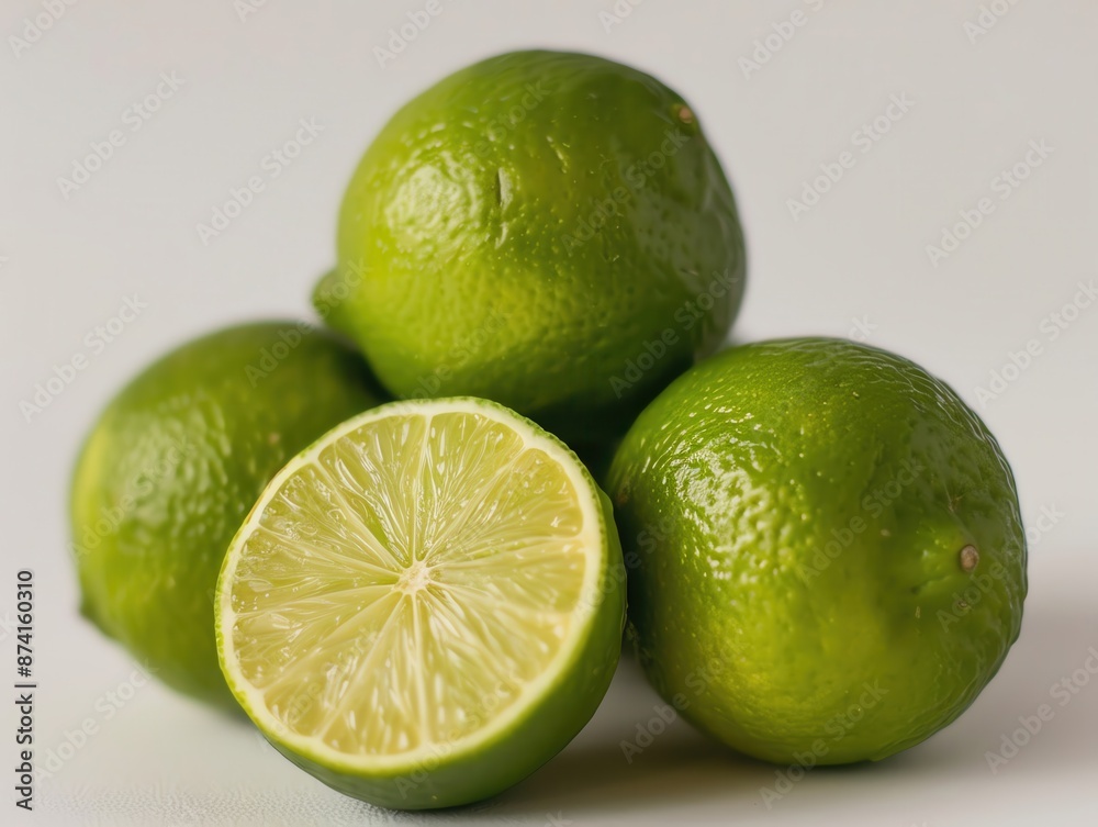 Fresh green limes, one cut in half, on a white background. Perfect for cooking, cocktails, and adding a zesty flavor to dishes. Fresh green limes, one cut in half, on a white background. Perfect for cooking, cocktails, and adding a zesty flavor to dishes.