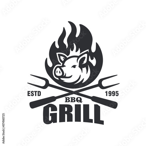 Burning roasted pig vintage Barbecue pork meal restaurant smokehouse  bbq  logo vector graphic illustration