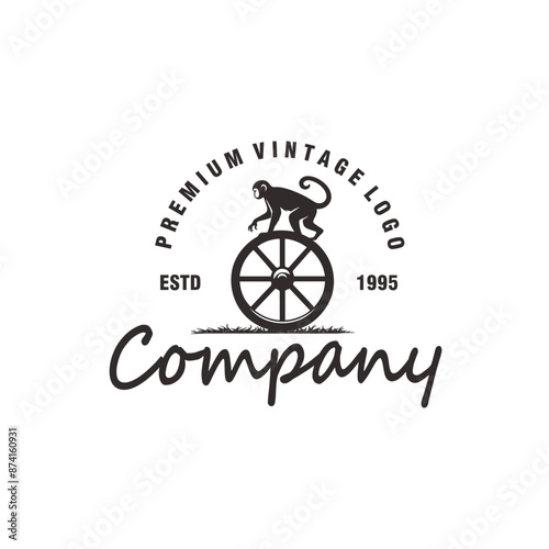 monkey on wheels circus vintage silhouette logo design vector graphic