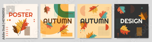 Vector illustration. Set of trendy autumn banners. Leaves, memphis pattern elements, modern typography. Foliage falling background. Design for social media template, web banner, blog post, cover