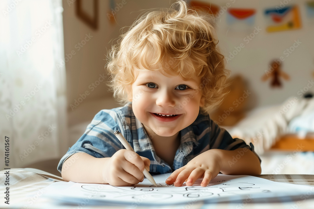 smiling little kid doodling with a pen and paper, drawing and writing on a white page in a school, colourful, coloring a page smiling little kid doodling with a pen and paper, drawing and writing on a white page in a school, colourful, coloring a page