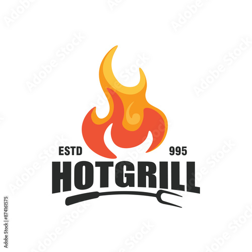 grill barbeque barbecue bbq with fork fire flame badge set logo design vector template